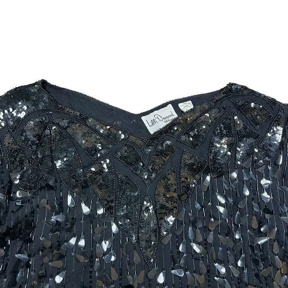Vintage Lilli Diamond Black Sequin V Neck Silk Blouse Short Sleeve Size Medium - Picture 3 of 8